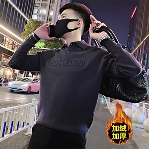 Y23加绒/P98控138冬季小众韩版纯色压花字母打底套头毛衣男灰首1图片