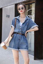欧货洋气小个子炸街气质工装牛仔连体短裤女2025夏装炸街连衣裤潮，女装连体裤，钱塘布衣
