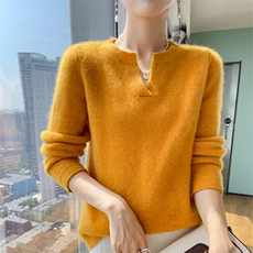 100%纯羊毛衫女25秋冬款V领加厚提花针织毛衣纯色宽松羊绒衫上衣，女装羊毛衫，宇灿羊绒