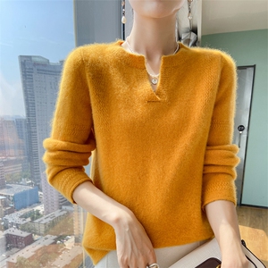 100%纯羊毛衫女25秋冬款V领加厚提花针织毛衣纯色宽松羊绒衫上衣图片