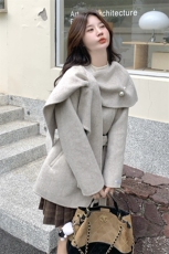 双面羊毛呢短外套女2025秋冬新款可脱卸围巾领两穿小个子呢子大衣，女装双面呢大衣，琦鑫阁（原依鑫阁）