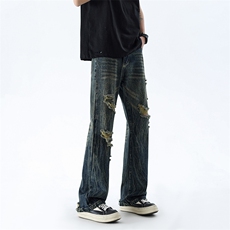 B221美式ins高街暗黑小众夏季重工艺破洞牛仔裤LK24178-P65控88，男装牛仔裤，电商B221