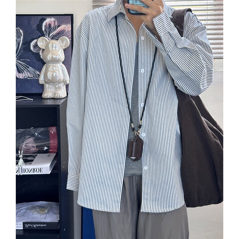 高品质牛仔条纹衬衫潮牌长袖衬衣潮流宽松休闲外套CS017-P30,男装衬衫,星座301C-5