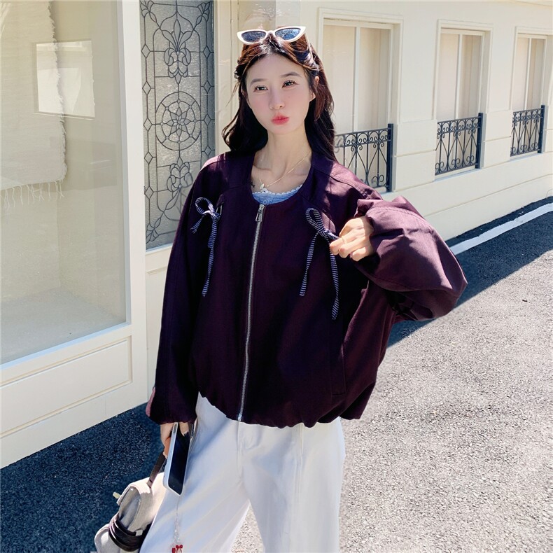 洋气炸街蝴蝶结圆领外套女2025秋季新款超好看宽松小个子短款夹克,女装短外套,2C307
