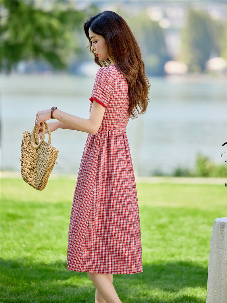 淑女风格纹连衣裙女春夏收腰显瘦中长裙格子裙子,女装连衣裙,水衣源