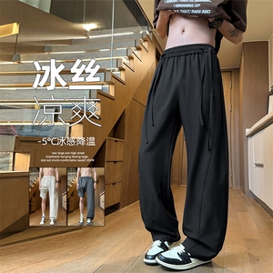 特批P28无差价夏季拼接飘绳冰丝透气宽松弯刀裤男休闲裤K5749B图片