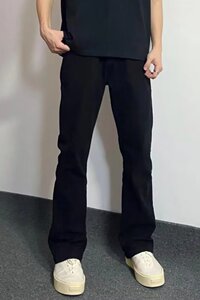 秋冬加绒加厚纯黑色修身微喇牛仔裤男款显高裤长裤网图 NK655-P40图片