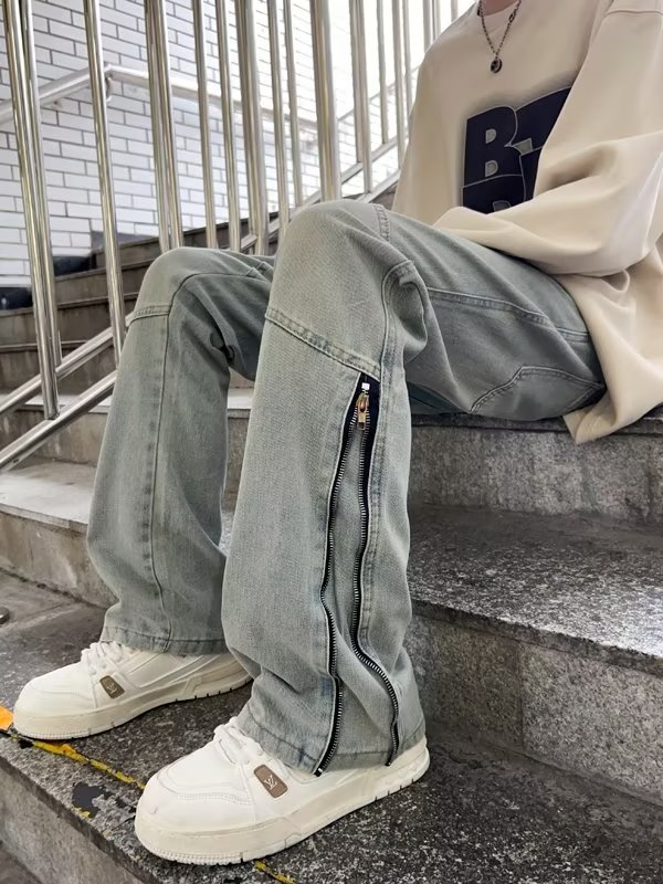 复古拉链牛仔裤男秋季2023新款直筒微喇裤子高街潮D8102P50,男装牛仔裤,星座1116-2
