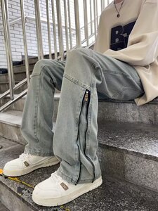 复古拉链牛仔裤男秋季2023新款直筒微喇裤子高街潮 D8102 P50图片