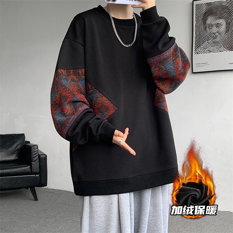 8XL-M民族风加绒加厚卫衣男款冬季拼接套头衫特大码外套WY005P58图片