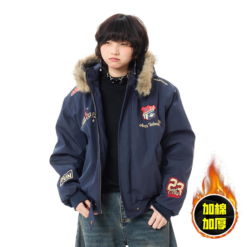 现货高品质美式高街重磅刺绣座山雕大毛毛领棉衣男女加厚棉服外套,男装棉衣,电商A443