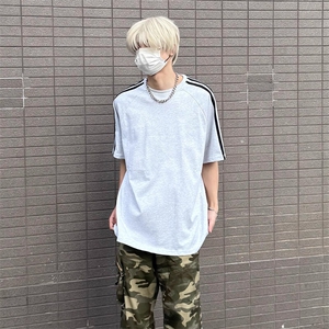 抖音得物高品质二开240克宽松纯棉美式潮牌三条杠织带短袖T恤图片
