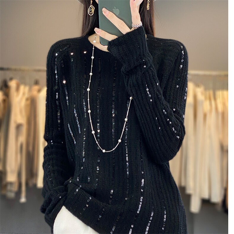 羊毛衫女2023秋冬新款圆领亮片加厚上衣毛衣针织打底衫,女装羊毛衫,片语羊绒