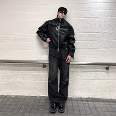 春秋季新款夹克外套男个性设计感金属挂钩装饰宽松痞帅休闲皮衣，男装夹克，星座506A