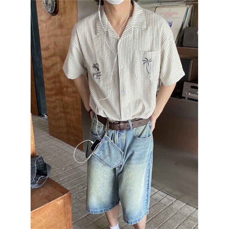 条纹半袖衬衫男士夏季新款日系复古短袖衬衣宽松休闲外套CB336,男装T恤,星座1116A（原606A-3）