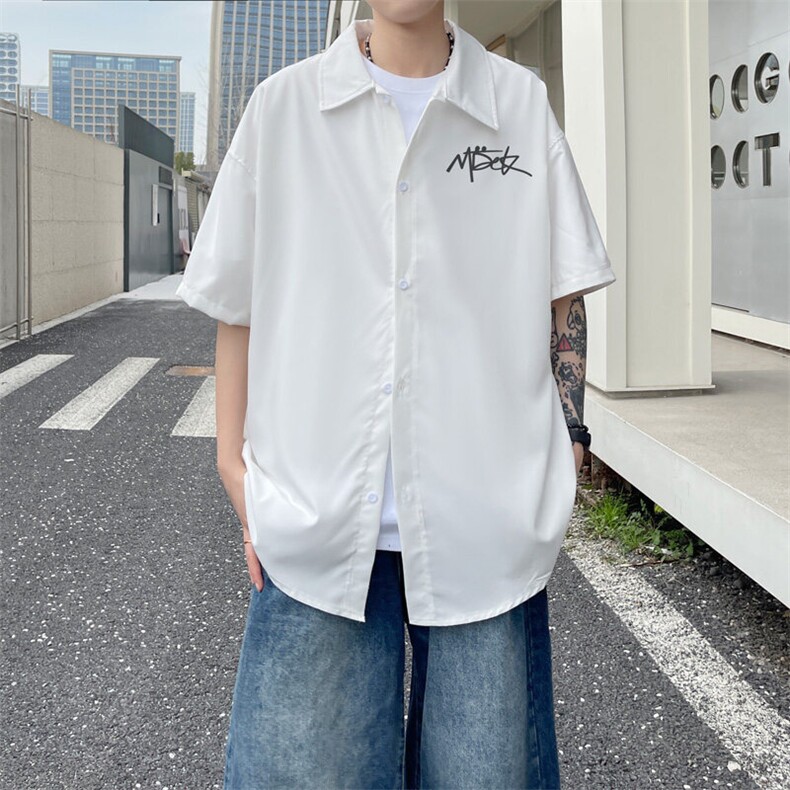 夏季重磅薄款字母印花翻领短袖衬衫男潮宽松防晒衬衣情侣C071/P35,男装衬衫,电商B209