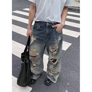 美式复古法工蓝弯刀工装裤潮cleanfit直筒微喇牛仔裤 N695图片