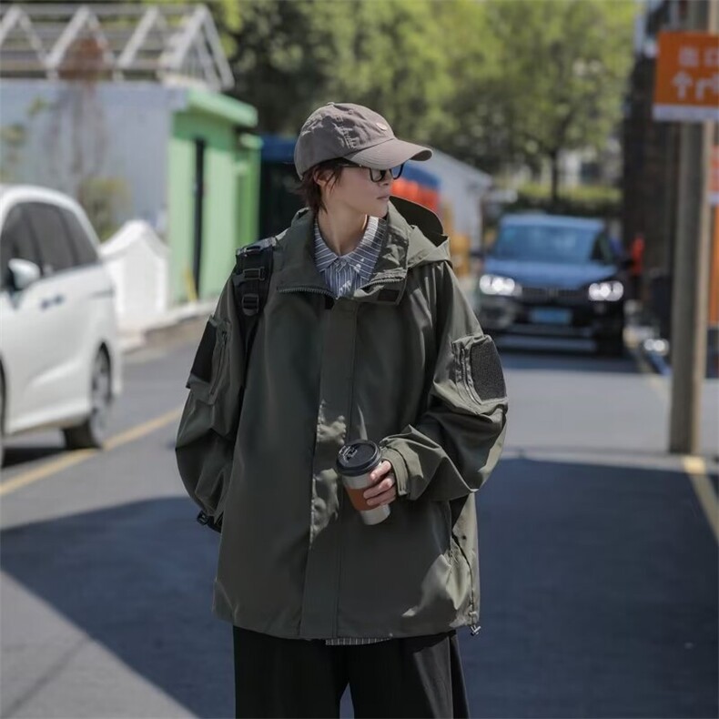 秋男女连帽夹克工装拉链魔术贴宽松中性风冲锋衣外套JK0018P58,男装夹克,星座1013-1