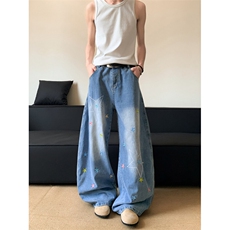美式复古弯刀牛仔裤男潮牌高级感痞帅宽松阔腿裤子N689-P52，男装牛仔裤，星座308B-2