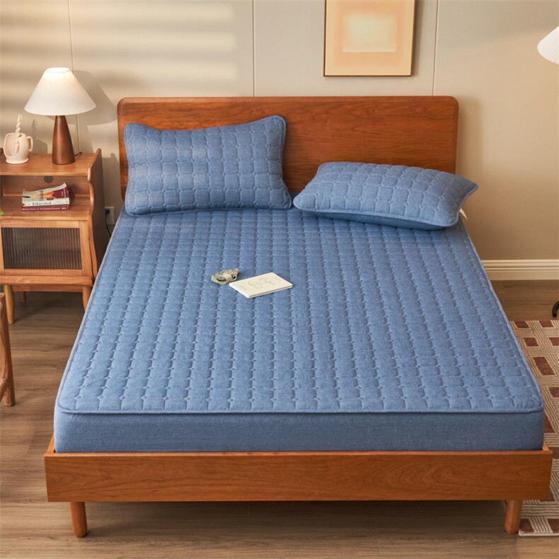 新款亲肤舒适全棉色织水洗棉夹棉床笠，床单，一起卖家纺