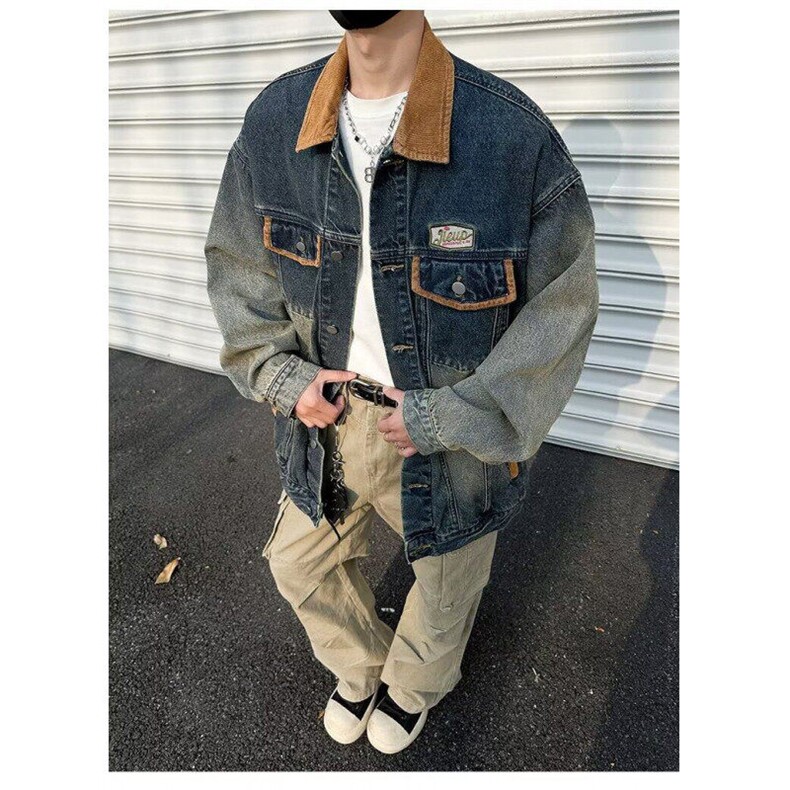 牛仔美式复古做旧水洗拼接青少年牛仔外套男春秋季新款3573/P80,男装工装外套,星座506