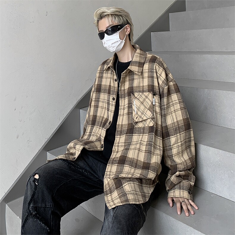 港风秋款男长袖衬衫格子条纹工装休闲外套CS4525P40,男装衬衫,星座1013-1