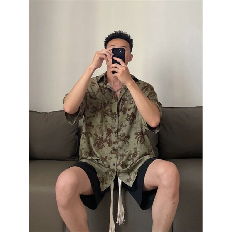 腰果花衬衫短袖夏季潮牌痞帅高级感翻领衬衣设计感情侣装五分袖,男装衬衫,星座218-1（原230）