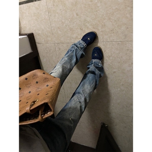 G3153HH-特P48闪电纹破洞牛仔裤美式高街cleanfit裤子直筒微喇裤,淡蓝色衣服怎么搭配裤子图片图片