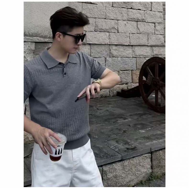 1506/QK1090/P46新款意式轻奢领针织t恤男夏季凉感舒适五分袖图片