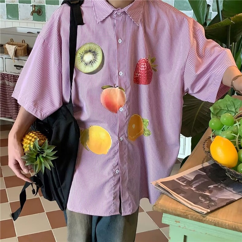 时尚男女衬衫青少年条纹翻领上衣2025年夏季新款水果印花短袖衬衣,男装T恤,星座506A