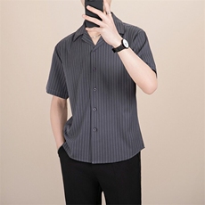 日系港风短袖衬衫男条纹商务正装感冰丝免烫寸衣修身休闲衬衣，男装T恤，星座1108-5