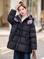 时尚撞色拼接90白鸭绒羽绒服2025冬季新款加厚连帽羽绒外套，女装羽绒服，沁沁公主
