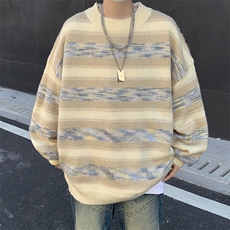 港风秋冬款男圆领套头毛衣条纹针织衫扎染休闲打底外套M255P50，男装针织衫/毛衣，星座1013-1