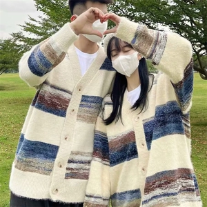 软糯条纹毛衣日系开衫针织男女上衣保暖百搭情侣长袖冬季渐变色潮