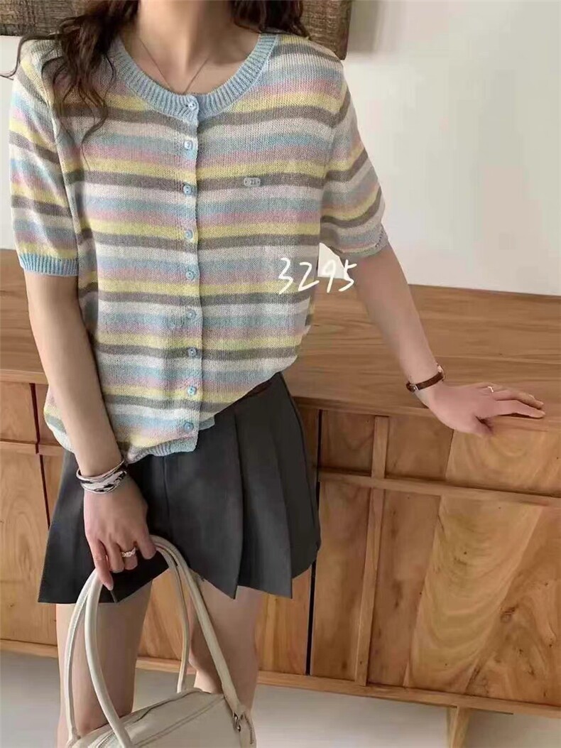 夏季圆领撞色条纹莱赛尔天丝短袖T恤女休闲套头针织薄款半袖上衣,女装T恤,唐诺
