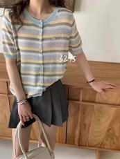 夏季圆领撞色条纹莱赛尔天丝短袖T恤女休闲套头针织薄款半袖上衣，女装T恤，唐诺