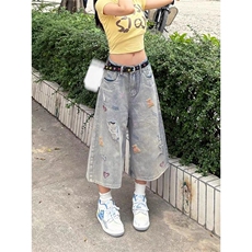 复古设计感小熊刺绣破洞牛仔短裤女夏季宽松直筒七分裤显瘦阔腿裤，男装牛仔裤，星座1210-1