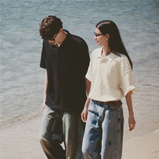 ins美式复古宽松肌理感针织polo衫2025夏复古翻领T恤透气老钱短袖，男装Polo衫，星座506A