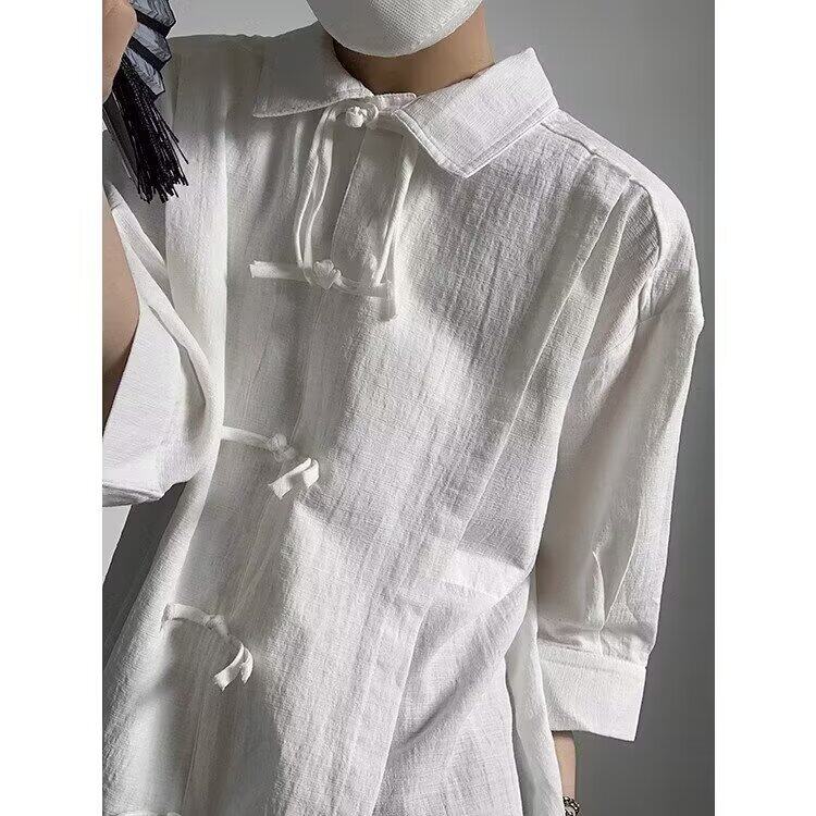 新中式男装风盘扣七分袖棉麻衬衫外套夏季唐装褶皱半袖衬衣潮,男装衬衫,星座506A