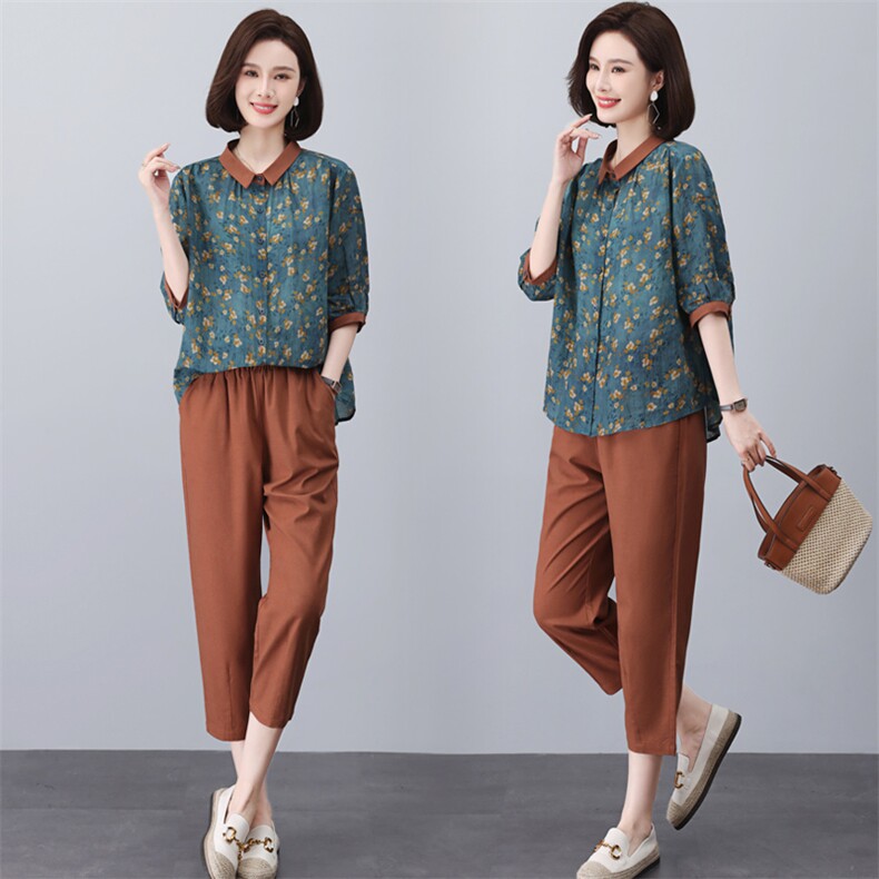 中年妈妈夏季棉麻套装2025新款大码女士苎麻碎花衬衫休闲裤两件套，女装套装/套裙，璐依舞