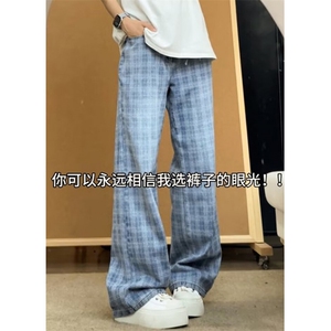 格子牛仔裤男夏薄款痞帅炸街裤子美式高街宽松直筒微喇裤 K6640图片