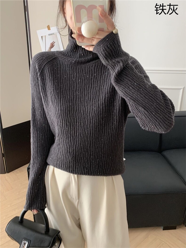 女士立体花纹珠片纱高领打底衫秋冬时尚柔软贴肤,女装羊毛衫,牧思羊