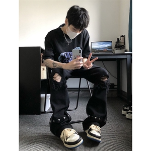 夏季美式高街破洞铆钉牛仔裤货号K750P60图片