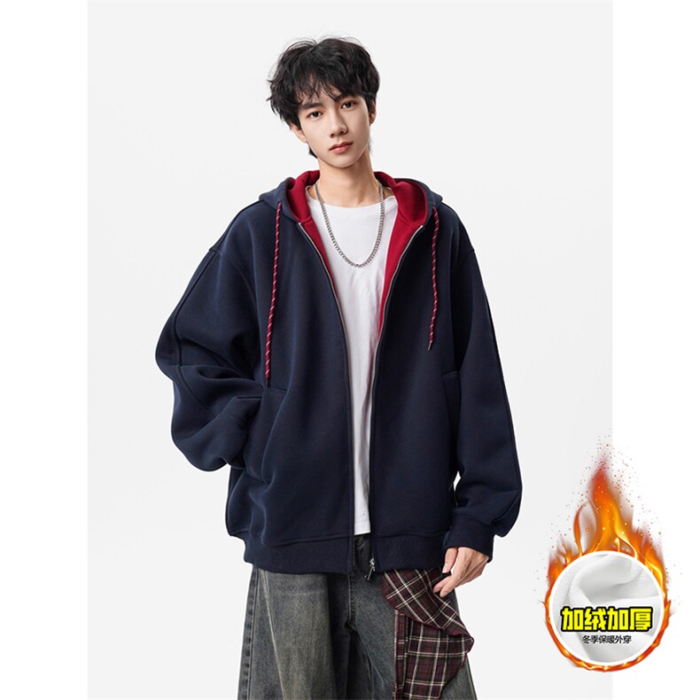 480G重磅加绒硬挺boxy男女秋冬美式高街双层撞色连帽卫衣开衫外套，女装短外套，电商A486-1