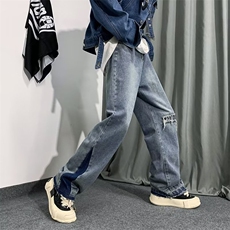 秋冬季美式复古水洗牛仔裤男潮牌vibe风拼接宽松直筒裤N3043-P45，男装牛仔裤，星座1008