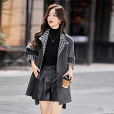 韩系格子拼接毛呢外套女2025秋冬新款系带显瘦百搭气质中长款大衣，女装毛呢外套，靓衣阁