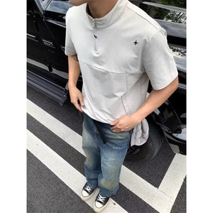男装极简星标户外速干防晒凉感半拉链剪裁拼接短袖T恤男 TZ35图片