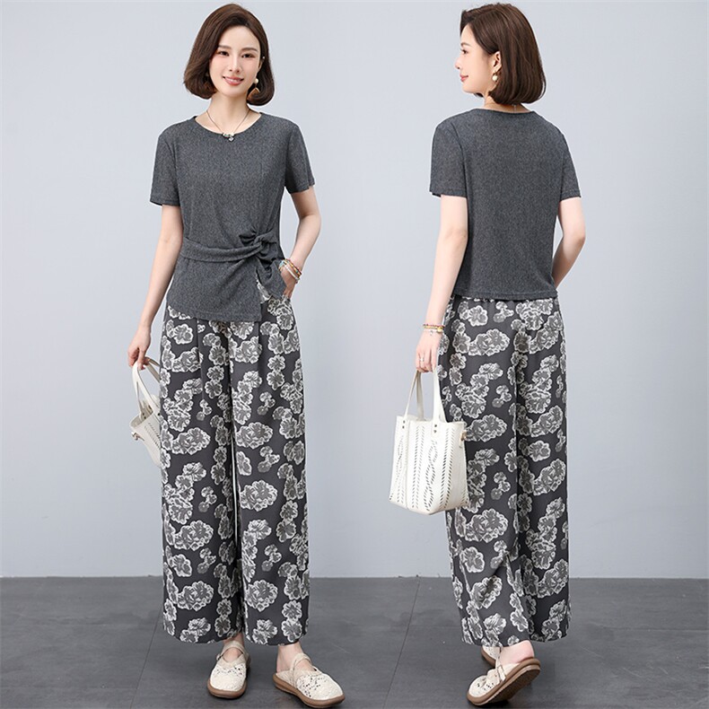 时尚套装大码休闲遮肉减龄高级感印花阔腿裤两件套，女装大码女装，妃曼