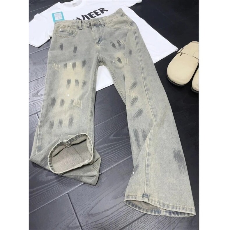 美式喷墨牛仔裤男秋季cleanfit弯刀裤子直筒阔腿长裤LB6277P48图片