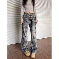 网络图现货牛仔裤男设计感微喇裤宽松潮牌痞帅阔腿长裤RN803-P55，男装牛仔裤，星座1005-4